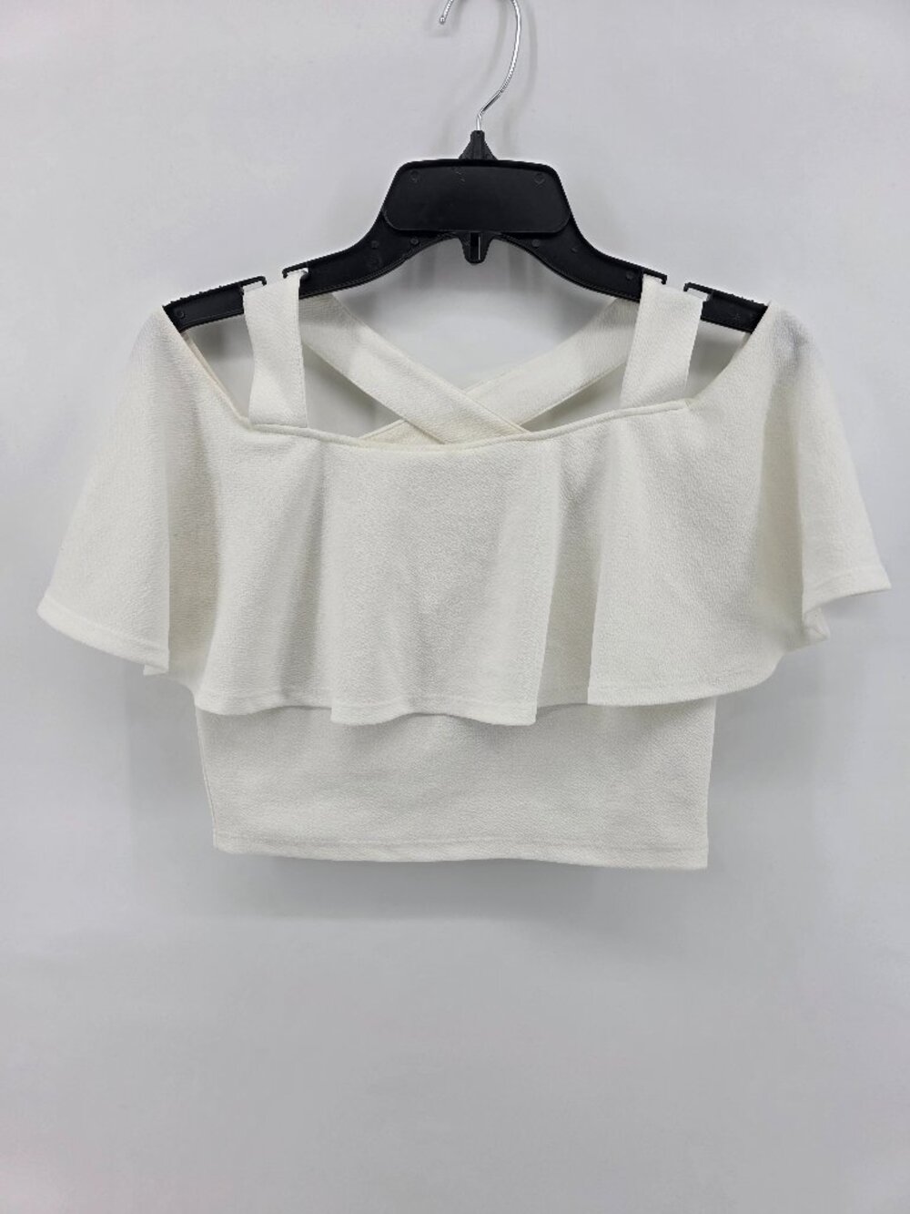 Veni Vidi Vici Cream Off Shoulder Ruffle Crop Top Crossover Strap Medium‎